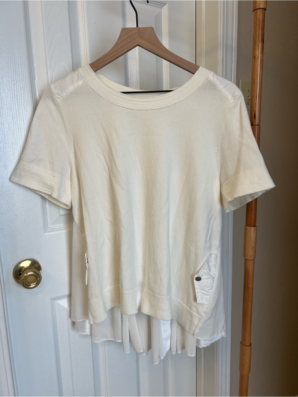 Moth Cream Short-Sleeve Layered Pocket Knit Top